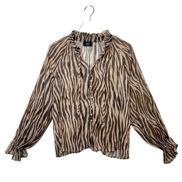 Vici Tan Zebra Tie Neck Balloon Sleeve Button Front Women’s Blouse Sz S - Picture 1 of 12